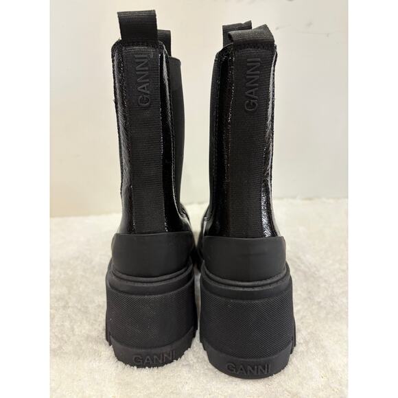 NWOB Ganni Cleated Heeled Mid Chelsea Boots Black Patent Leather Women's Size 39 - Picture 10 of 14